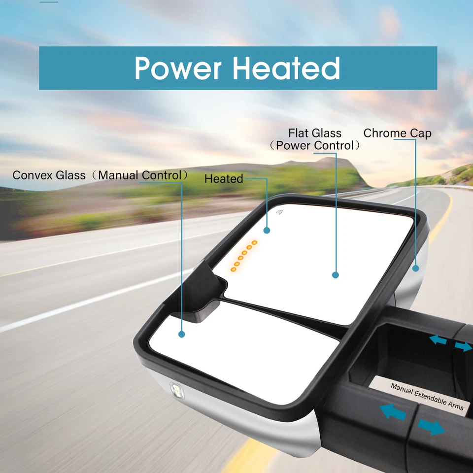 Par de espejos retrovisores de remolque luces de señal de alimentación para Chevy Silverado 1500 2003-2006 cromados Foto 2 de 4