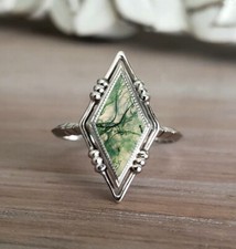 925 Sterling Silver Moss Agate Gemstone Stackable Statement Mother Ring Jewelry