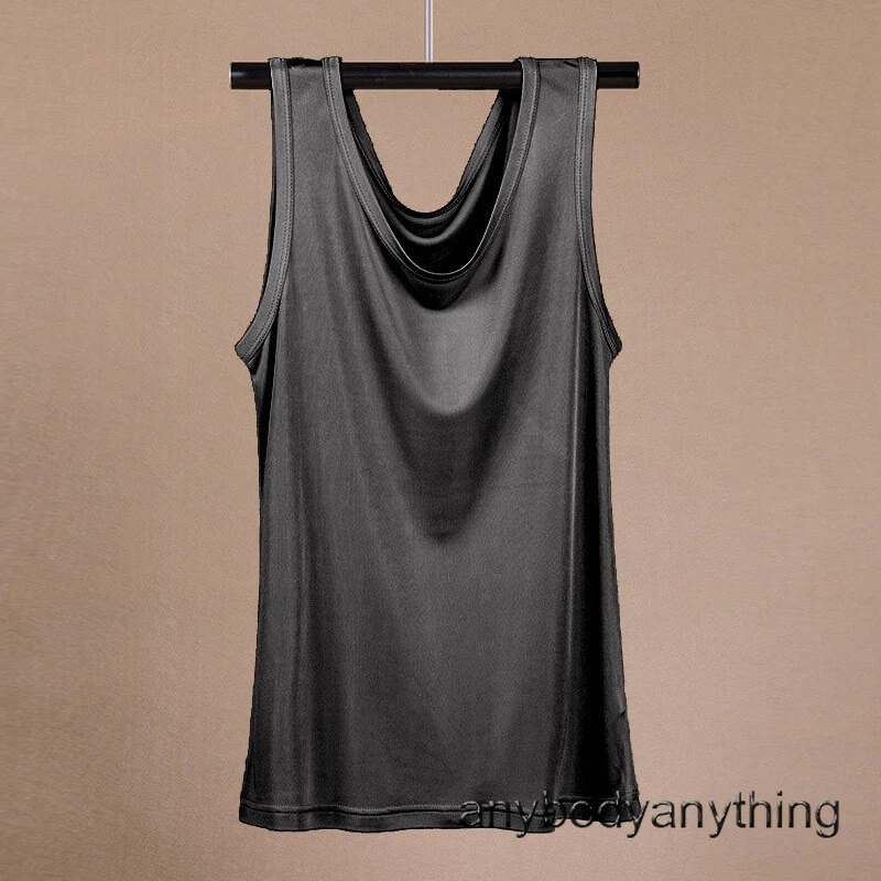 Men's 100% Silk Tank Tops Crew Collar Sleeveless T-Shirt Knitted Undershirt Tops