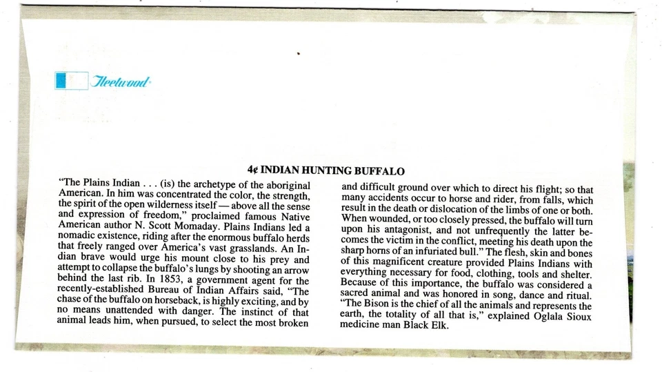 #3209c Indian Hunting Buffalo 4c FDC Fleetwood 1998 w/ #287 Mint LH CV$110 - Image 4 of 4