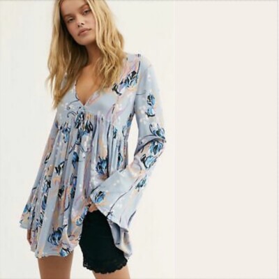 NWT Free People Bella Floral Print Tunic Blue Sky Small S $108 NWT New