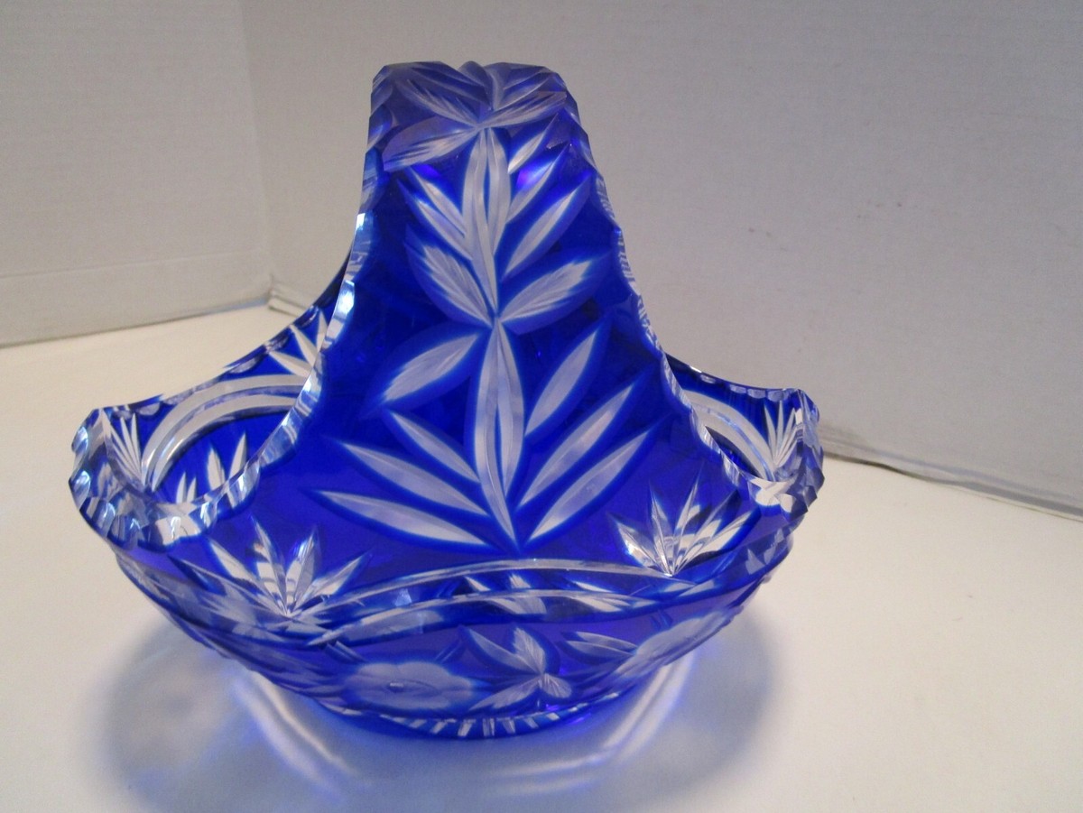 Bohemian ブルーカットボール　1950年物 Vintage Bohemian Czech Crystal blue cut-to-clear Basket