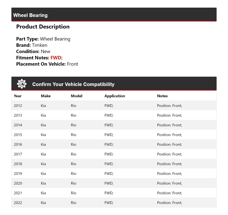 Cojinete de rueda delantero Timken 2013 2014 2015 2016 2017 para Kia Rio 2012-2022 tracción delantera Foto 2 de 4
