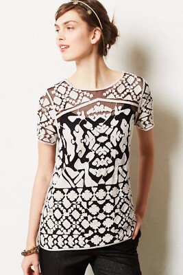 Anthropologie EVERLEIGH Rococo See Tru Tee Top Size Small Black White