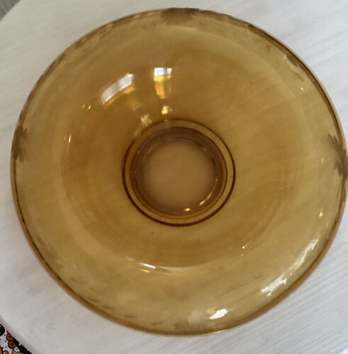 Vintage Amber Gold Depression Glass Etched Leaf Rolled Edge Console Bowl 11" - Picture 1 of 3