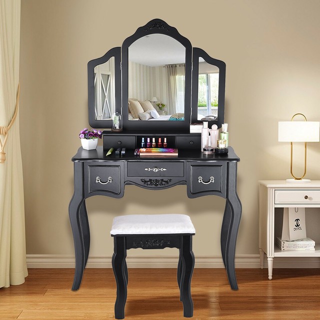 black mirrored dressing table