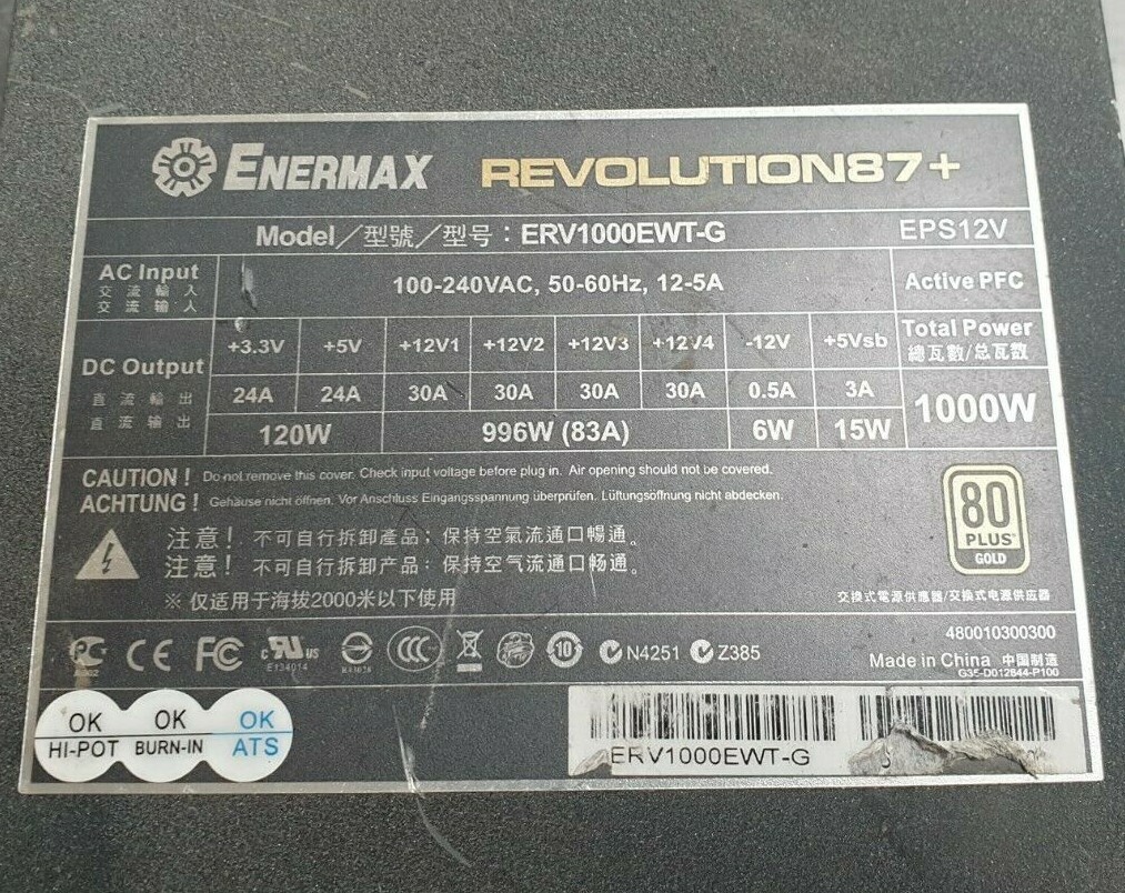 ENERMAX REVOLUTION87+ ERV1000EWT-G 1000W POWER SUPPLY (R5S10.2) | eBay