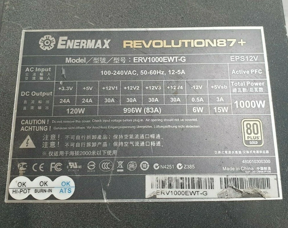 ENERMAX REVOLUTION87+ ERV1000EWT-G 1000W POWER SUPPLY (R5S10.2) - Image 2 of 3