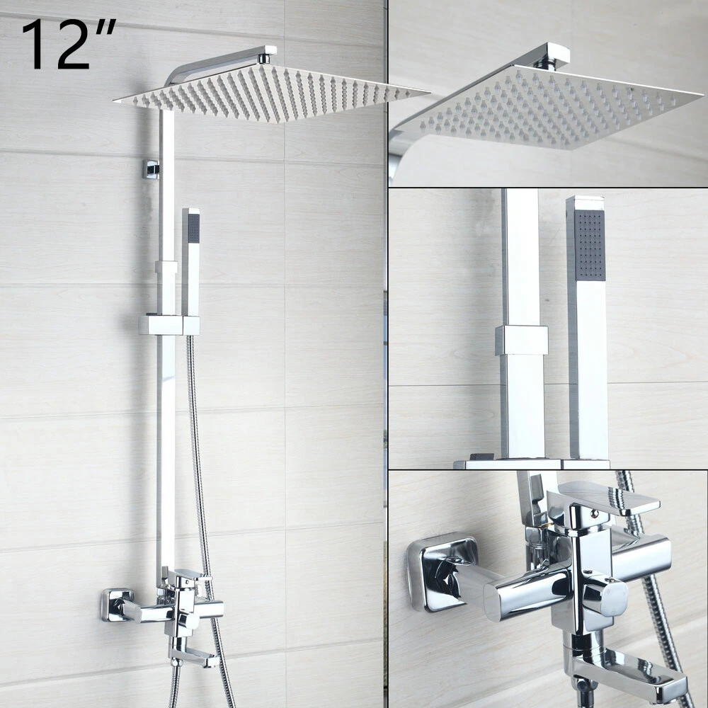 12" Ultra Thin Bathroom Chrome Shower Head With Handheld Spray Wall Mounted Set