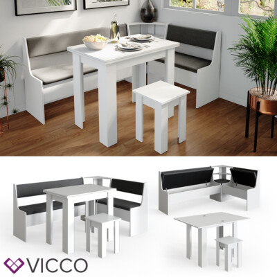 Ensemble De Cuisine D'angle Vicco Roman - Table + 2 Bancs - Blanc Et Anthracite - Neuf