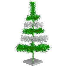 Metallic Green and Silver Layered Tinsel Christmas Tree Stand Included