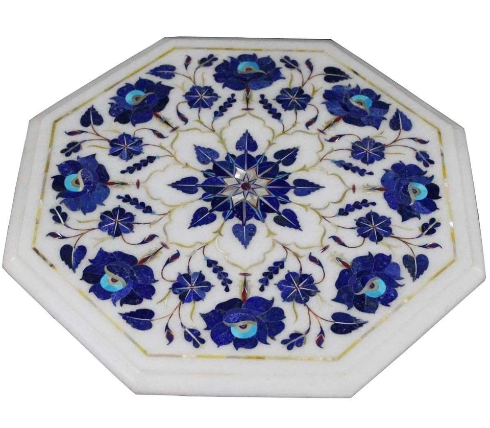 12" Marble Table Top floral lapis lazuli Inlay Handmade Work Home Decor - Image 4 of 4