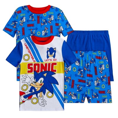 4 PC Kids Sonic the Hedgehog Pajamas Set Shorts T Shirt Pants Boy 8 10 Cotton
