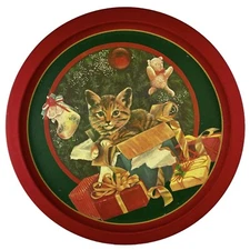 Vintage Round Red Christmas Cat Kitty Kitten Gift Tree Holiday Metal Tray