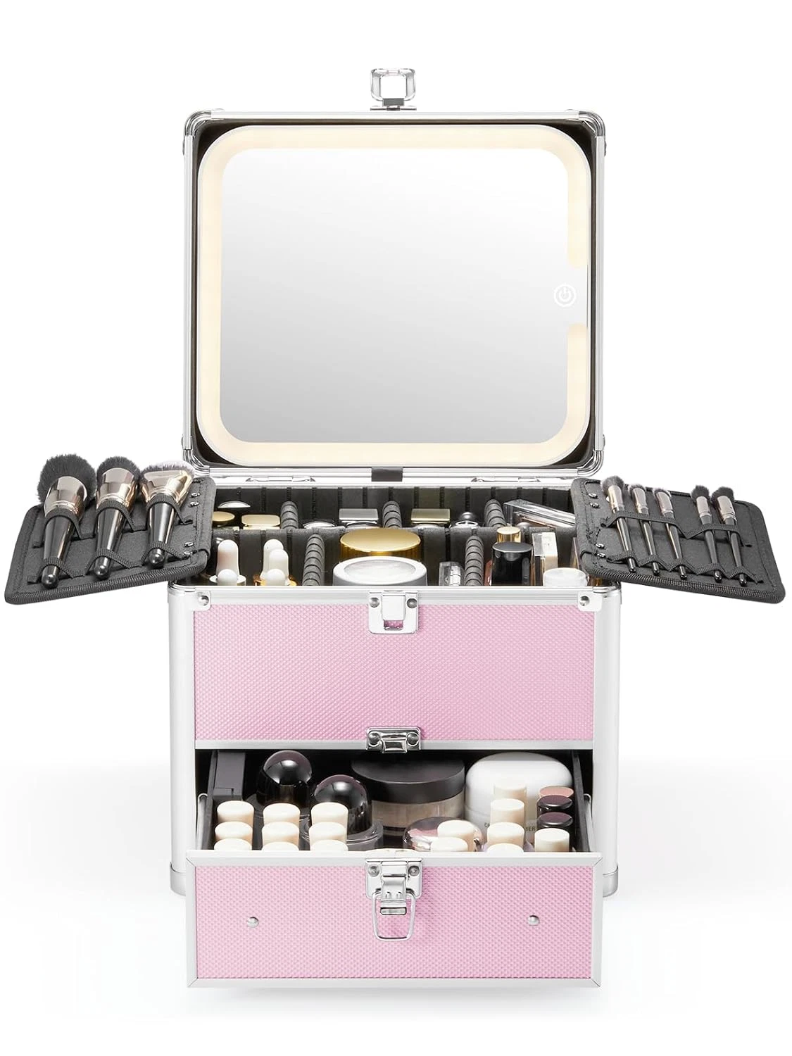 Icy Pink Makeup Box with Drawer & LED Mirror - Waterproof Travel Case