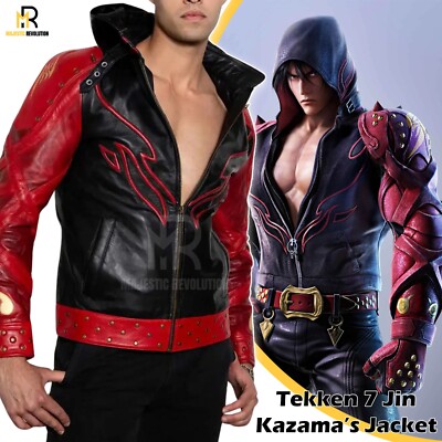 Jin Kazama Inspired Tekkens 7 Black Red Leather Jacket Gaming Cosplay Costume