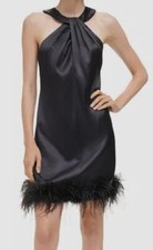 Eliza J Women's Black Twist-Neck Feather-Trim Shift Dress Size 12