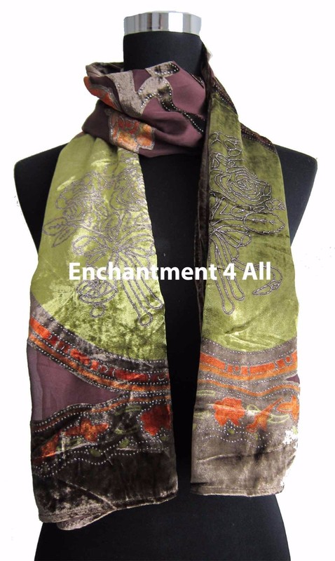 Elegant 100% Silk Burnout Velvet Floral Oblong Scarf Wrap, Brown/Green