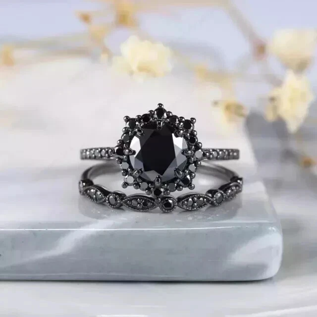 2.3Ct Round Cut Lab Created Black Diamond 14K Black Gold Plated Bridal Ring Set