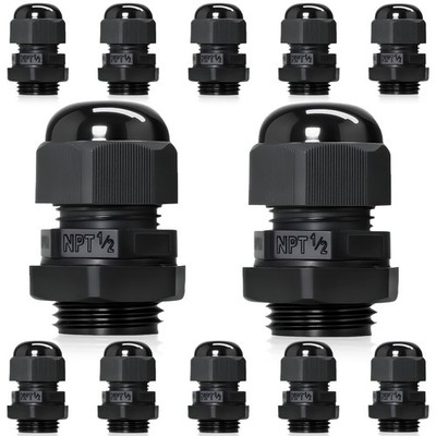 Adjustable Cable Glands 1/2 NPT IP68 Waterproof Nylon Connectors 12PCS