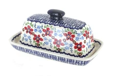 Blue Rose Polish Pottery Red Poppy Butter Dish