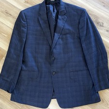 Jos A Bank Navy Blue Plaid Blazer 46R SILK WOOL Sport Coat Jacket Classic Preppy