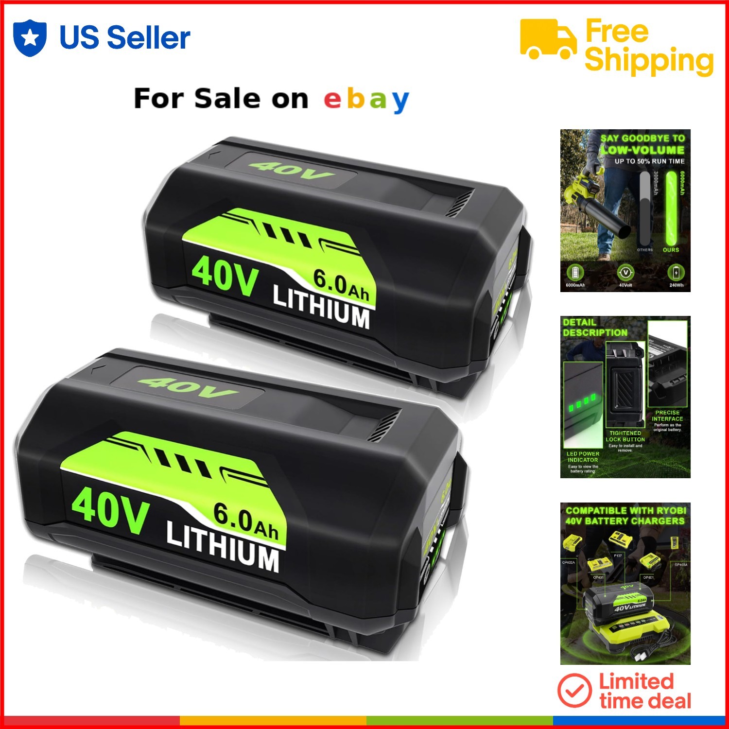 40V 6.0Ah Lithium Ion Battery Replacement for Ryobi Tools Indoor & Outdoor Use