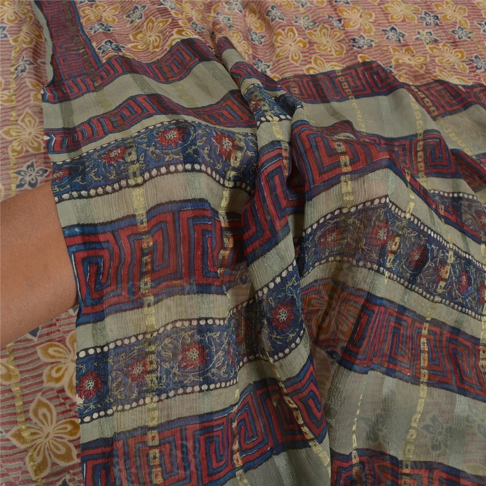 Sanskriti Vintage Sarees Pure Chiffon Zari Woven & Print Sari 5+Yd Craft Fabric - Image 2 of 4