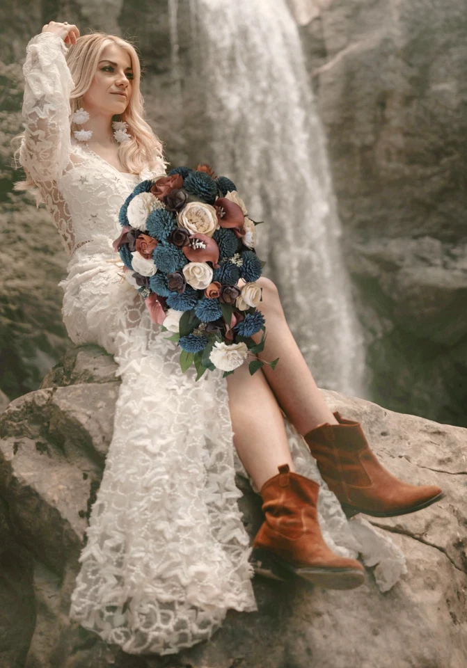 Burnt Orange Teal Bridal Bouquet Sola Wood Cascade Calla Lily Wedding Flowers - Image 2 of 2