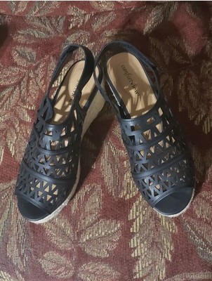 Comfortview Karen Wedge Sandals Black Laser Cut Espadrille Wedge-Size 8.5W-Vinta