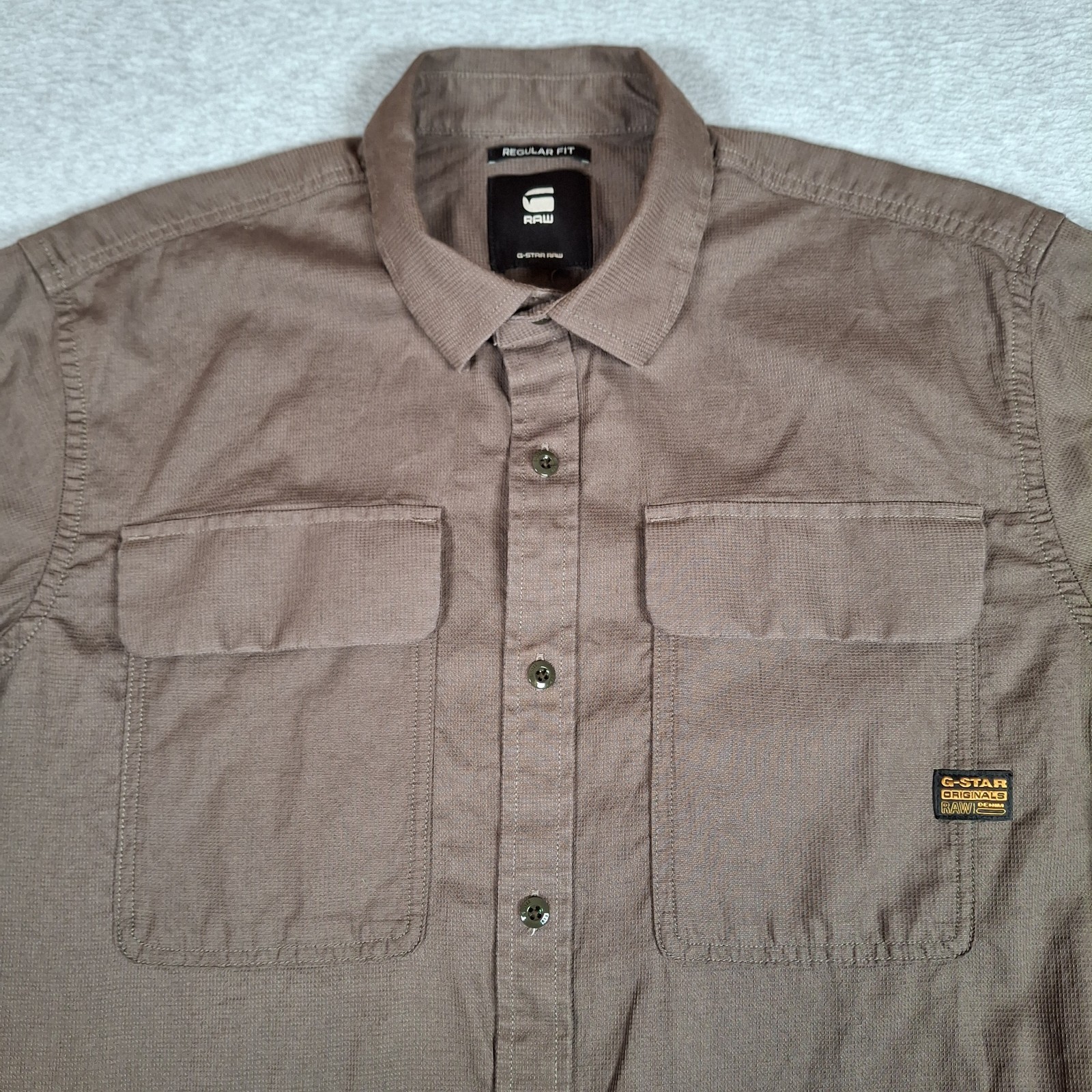 G Star Raw Shirt Men Large Brown CPO Button Up Utility Flap Pockets Linen Blend