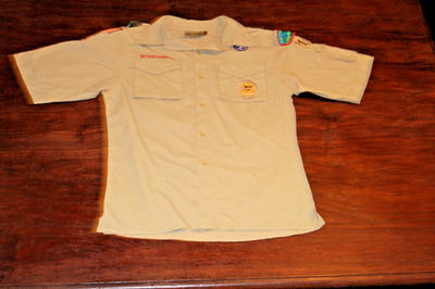 Boy Scouts of America BSA Youth Shirt Tan Large Sewn Patches 100% Supplex Nylon