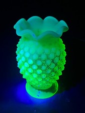Fenton Vaseline Opalescent hobnail glass bd vase with ruffled rim