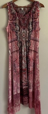 World Unity Midi Dress Sz Medium Pink Southwest Embellished Boho Fairy Core
