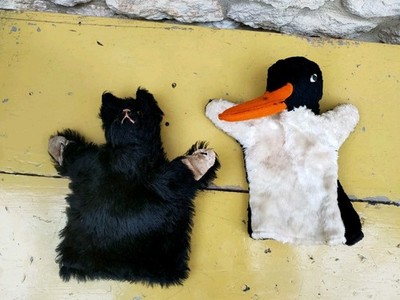 Vintage Steiff schwarze Katze Handpuppe und Vogel Pinguin ? Gebrauchter Zustand 