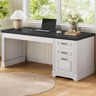 Farmhouse 55'' Executive Desk, Computer Desk with Storage Drawers and Power Outle