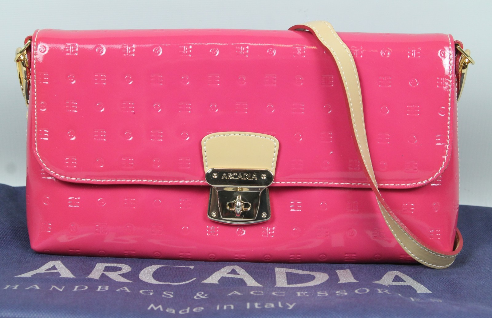 ARCADIA Italy Pink Genuine Patent Leather Clutch Handbag Purse w/ Shoulder Strap