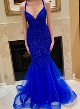 Amelia Couture Royal Blue Tiered Tulle Mermaid Style Gown Prom Dress Size 8