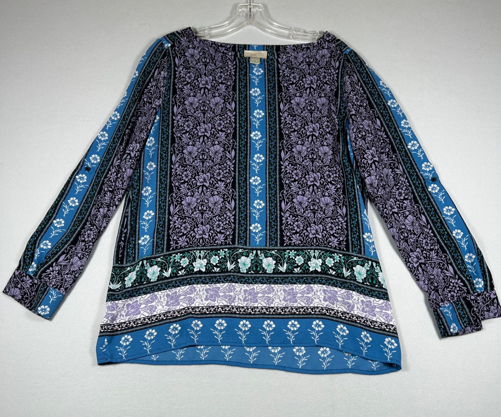 LOFT Outlet Womens Medium Boho Floral Blouse Blue Purple Long Sleeve Peasant Top