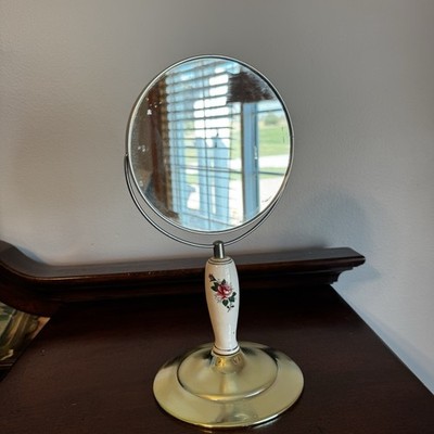 Vintage Two Sided Pedestal Mirror Ceramic Metal 11.75 