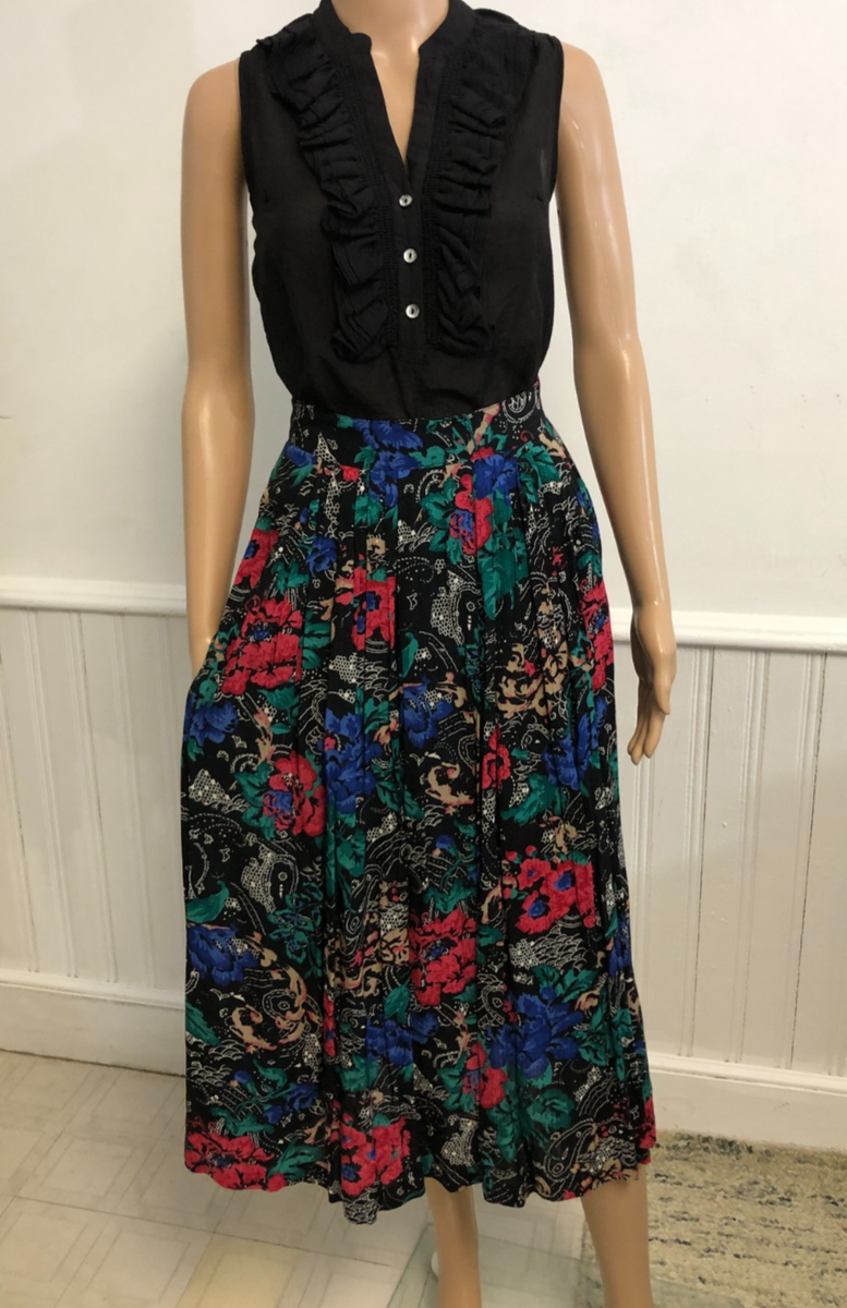 Vintage Synari Pleated Midi Skirt Sz 7/8 Floral Rayon Pockets Back