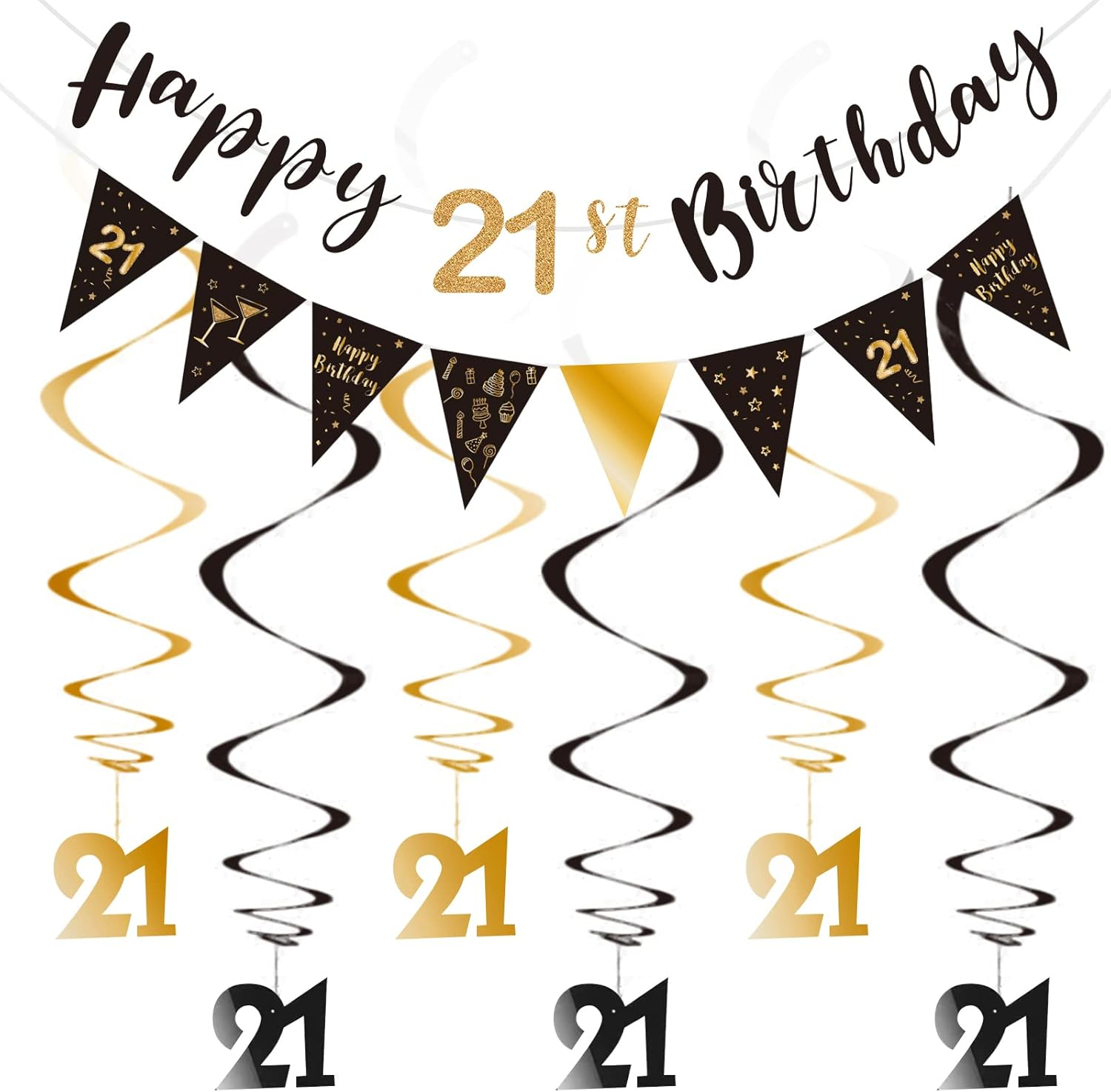 21st Birthday Party Decor Kit with Banner, Bunting, Swirls & Streamers