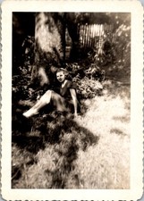 1940s Photograph Young Woman Seated Under Tree Casual Portrait Scalloped Edge
