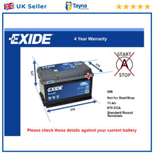 Car Battery EB712 Exide 096 670A 71Ah 4Yr Warranty 278x175x175 Excell