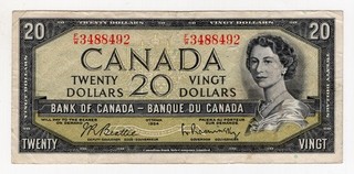1954 BANK OF CANADA TWENTY 20 DOLLAR BANK NOTE FW 3488492 NICE BILL