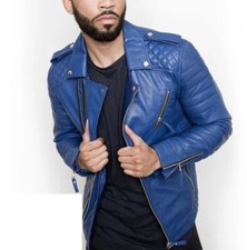 ELEGANTE Giacca Uomo Blu 100% Pura Pelle di Pecora Causale Slim Fit Cappotto Giacca