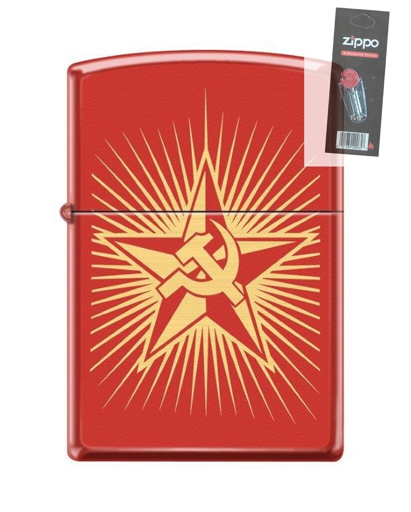 Zippo 86641 Russian Hammer and Sickle Flag Red Matte Lighter + FLINT PACK