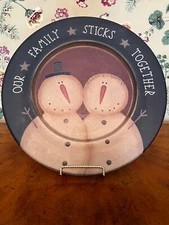 Folk Art Primitive Family Snowman Wooden Plate