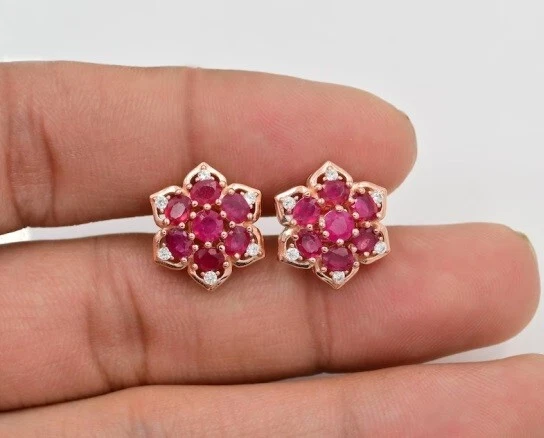 Solid 10K Rose Gold Simulated Pink Ruby & Moissanite Floral Flower Stud Earrings - Image 4 of 4