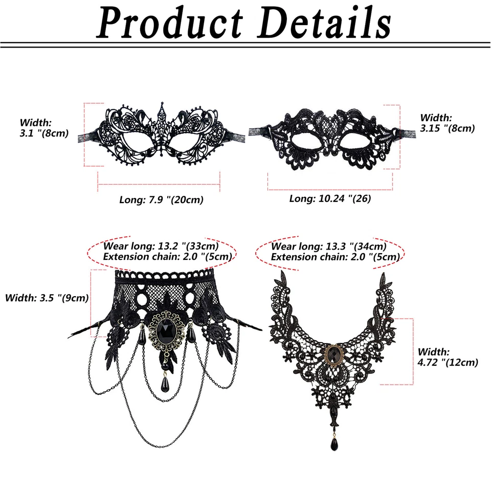 4Pcs Womens Gothic Masquerade Black Lace Mask Choker Necklace Party Cosplay Set - Image 2 of 4